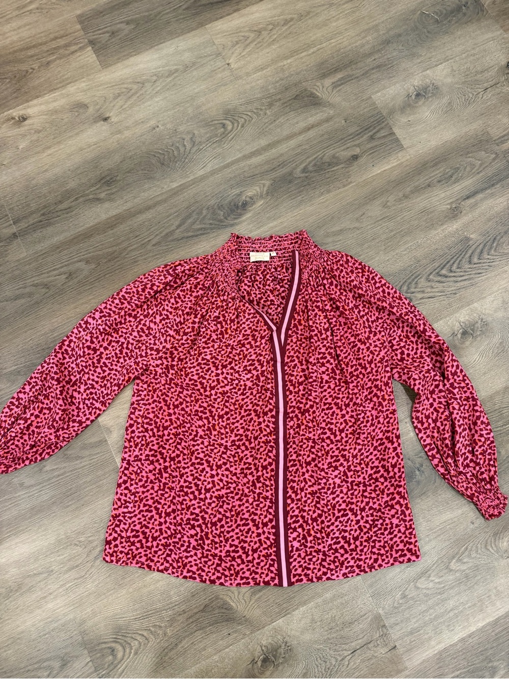 Pink Animal Print Long-Sleeve Blouse with Trim